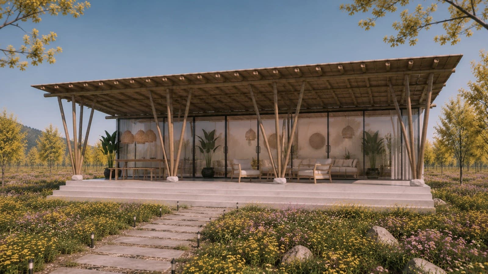 Container Pavilion, side view of the bamboo canopy over the container