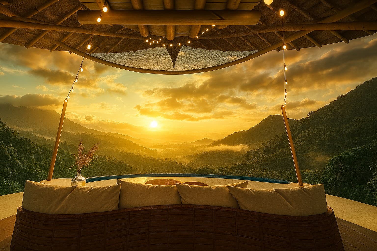 Harpy Eagle Villa at sunset, the bedroom opening onto the view