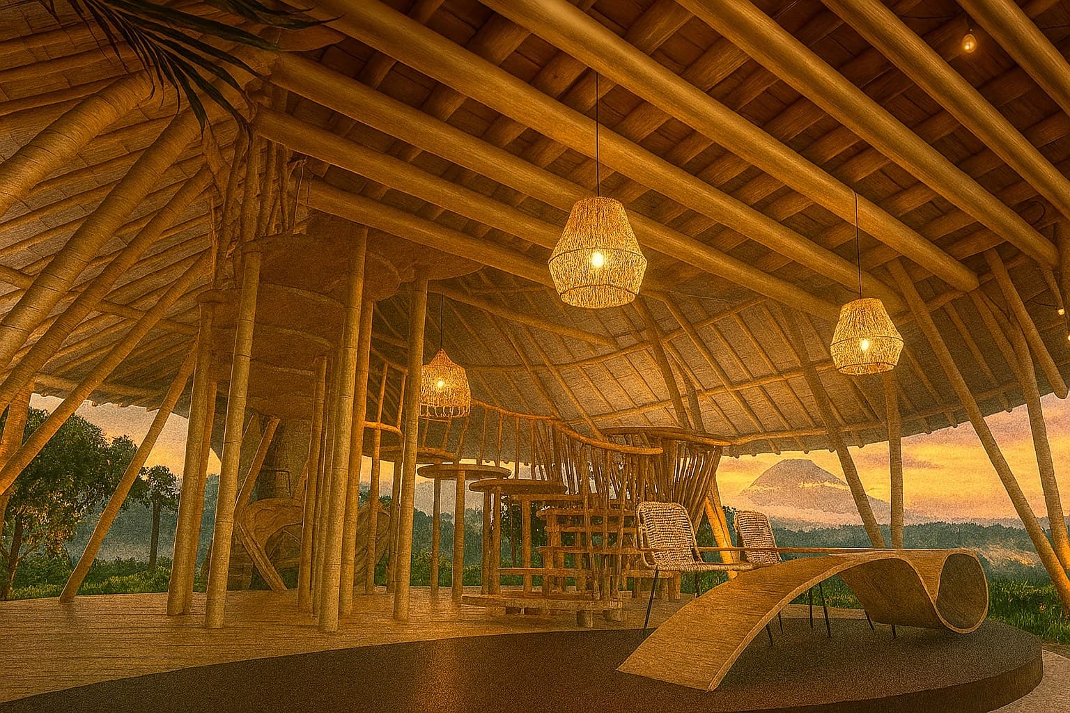 Interior of the Harpy Eagle Villa at sunset, opening to the mountains