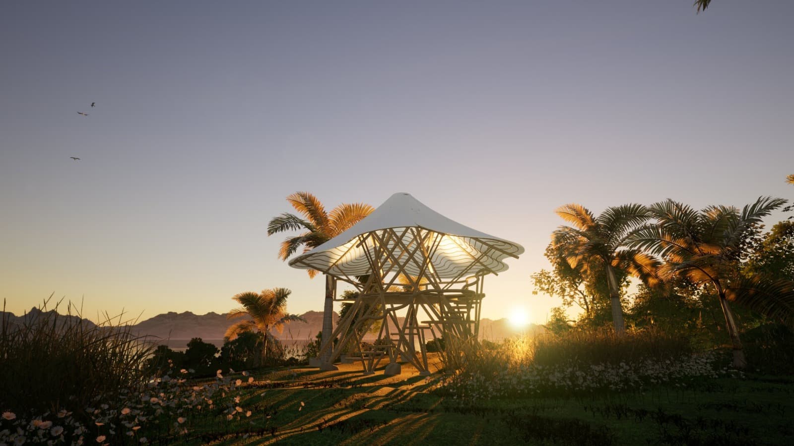 Render of the Bamíka sunset viewpoint pavilion in Bocas del Toro